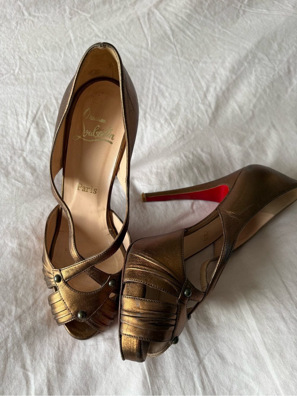 Christian Louboutin “Scissor Girl” Metallic Bronze Peep-Toe Heels with Red Sole